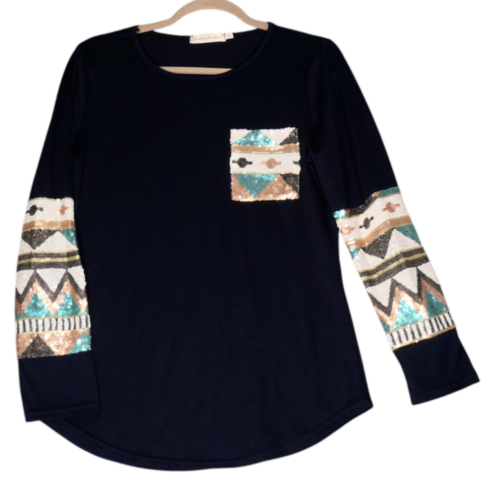 Arden Furtado Knit Top Womens L Knit Top Blue Beaded Sequins Tribal Pocket